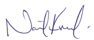A handwritten signature in blue ink on a white background, complemented by a stylish pet bandana triangle for extra swag wag.