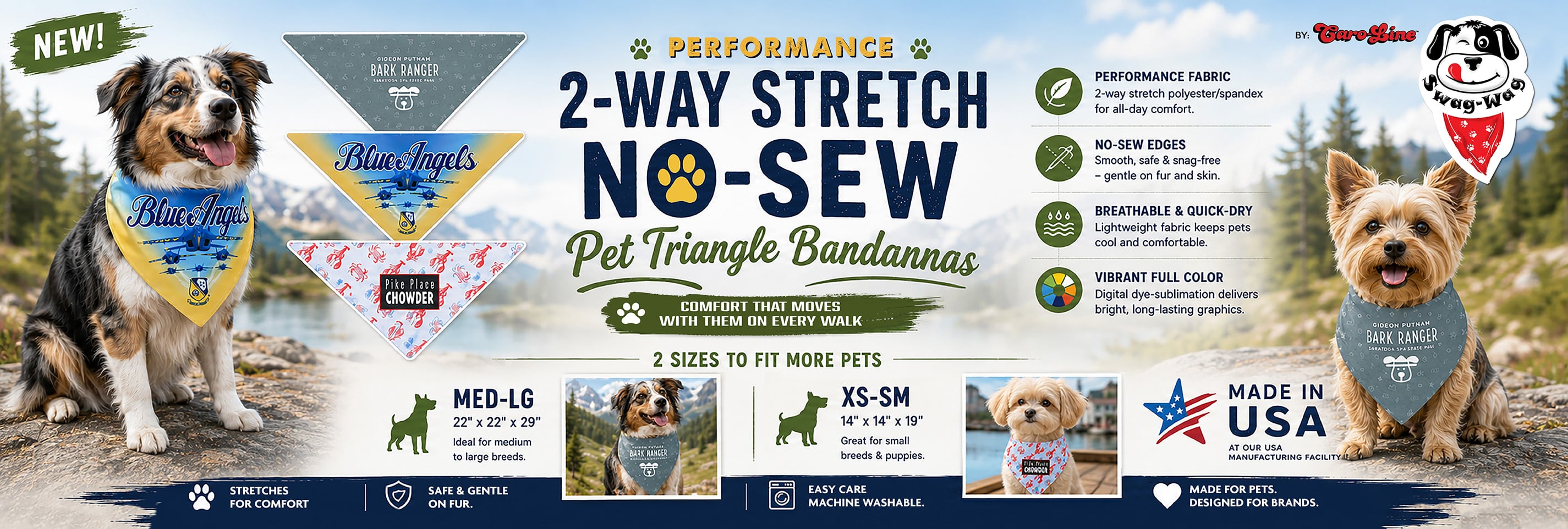 Banner for No-Sew Pet Triangle Bandannas showing two dogs in bandanas and mentions features and USA-made label.
