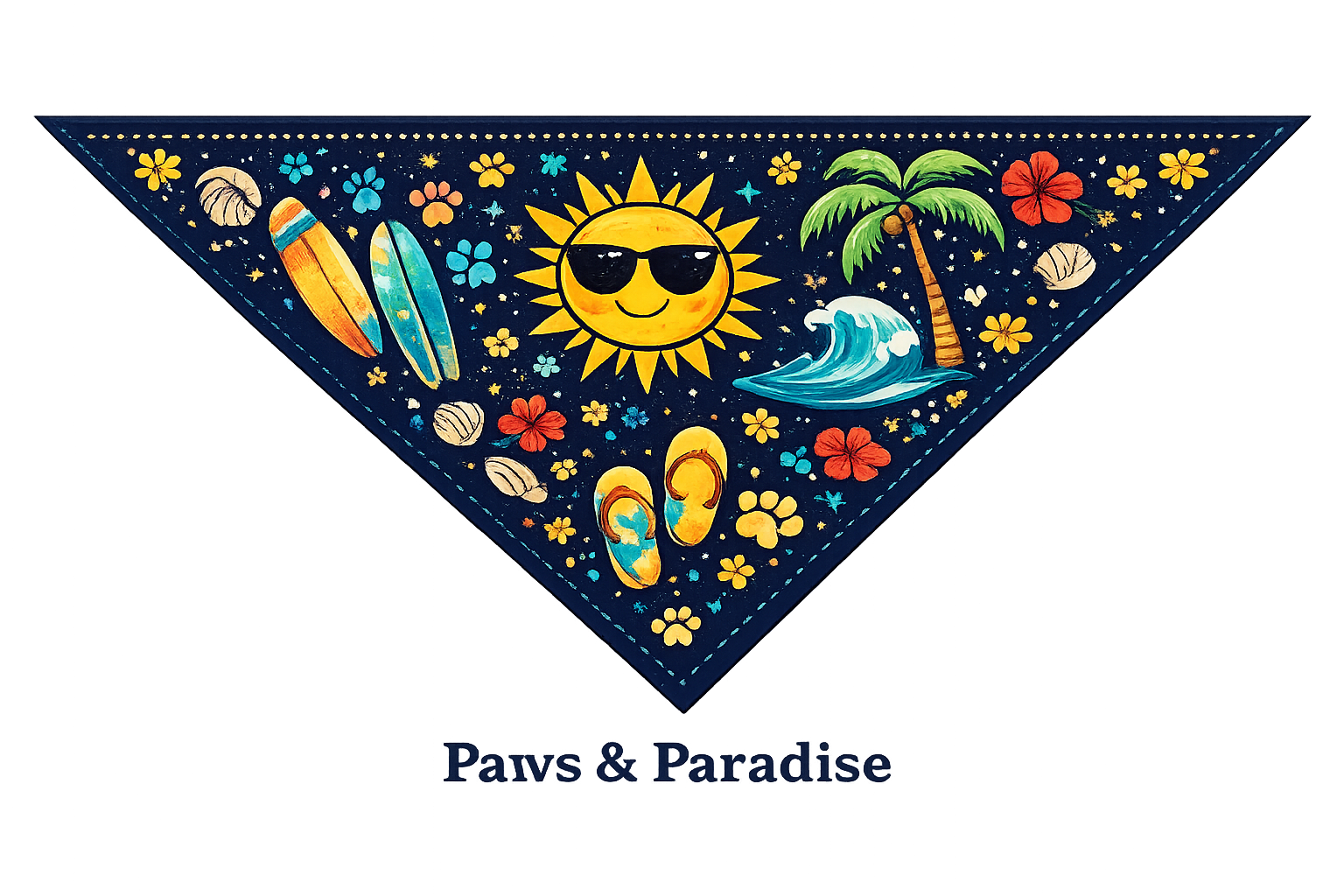 A triangular bandana—perfect as a pet triangle bandanna—features a sun wearing sunglasses, surfboards, palm tree, wave, shells, flip-flops, and hibiscus flowers. The text below reads Pavs & Paradise. Give your furry friend some serious swag wag with this vibrant accessory!.