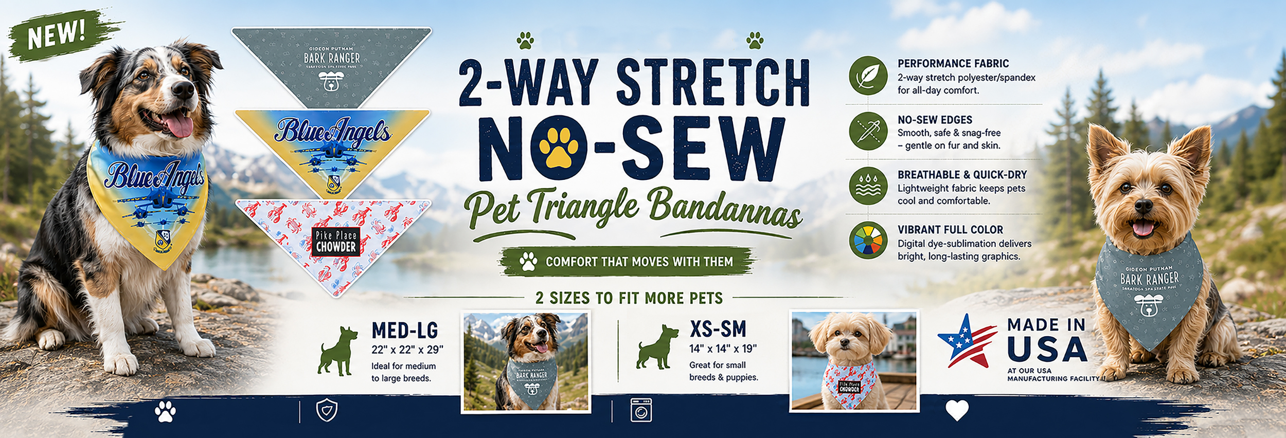 Two dogs wear colorful triangle bandanas. Text promotes 2-way stretch, no-sew pet bandanas in two sizes, made in the USA, breathable, vibrant, and soft. Close-ups show product features and size options.