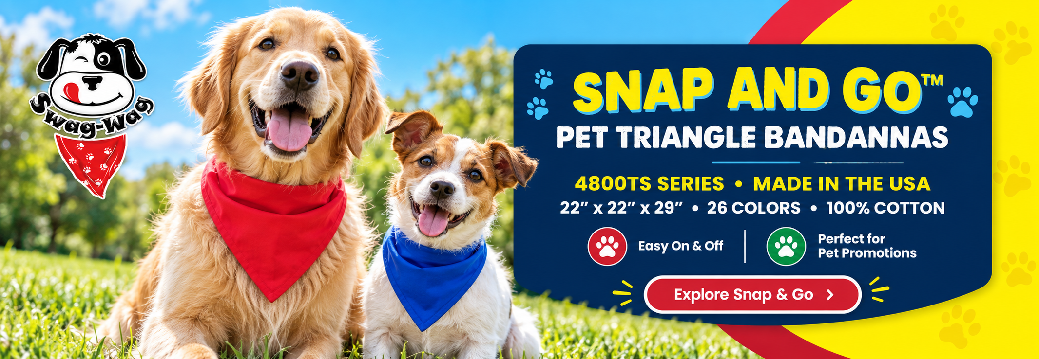 Two dogs wearing red and blue triangle bandannas sit on grass. The ad promotes Snap and Go pet triangle bandannas in various colors, made of cotton, easy to use, and made in the USA.